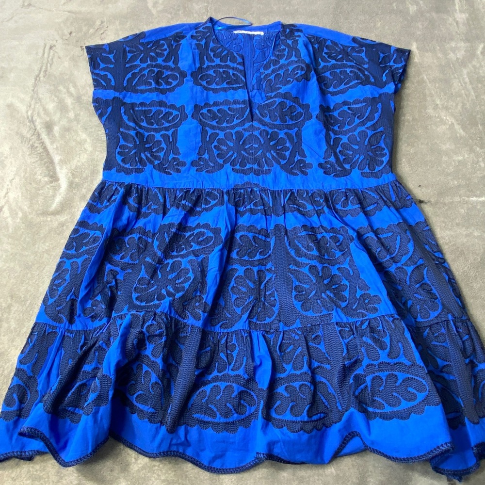 Zara A-Line Tiered Dress Womens L Blue Embroidered Babydoll Split V-Neck Boho